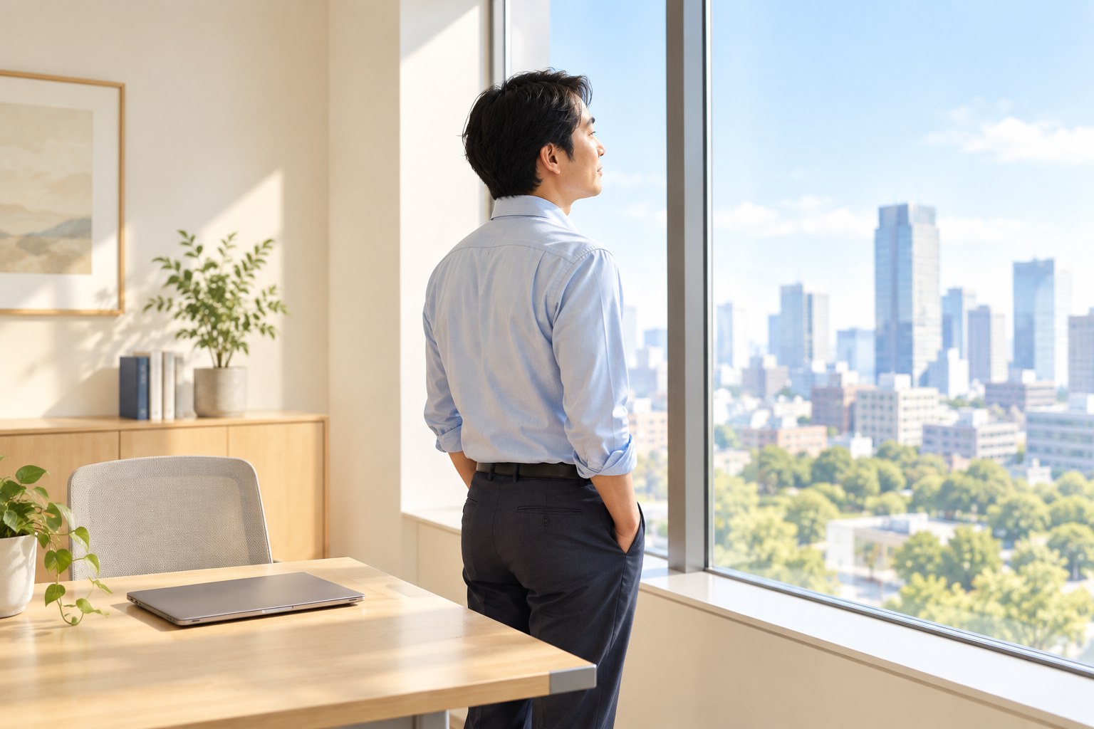 デスクワークの合間に画面から離れて窓の外を見る人のイメージ