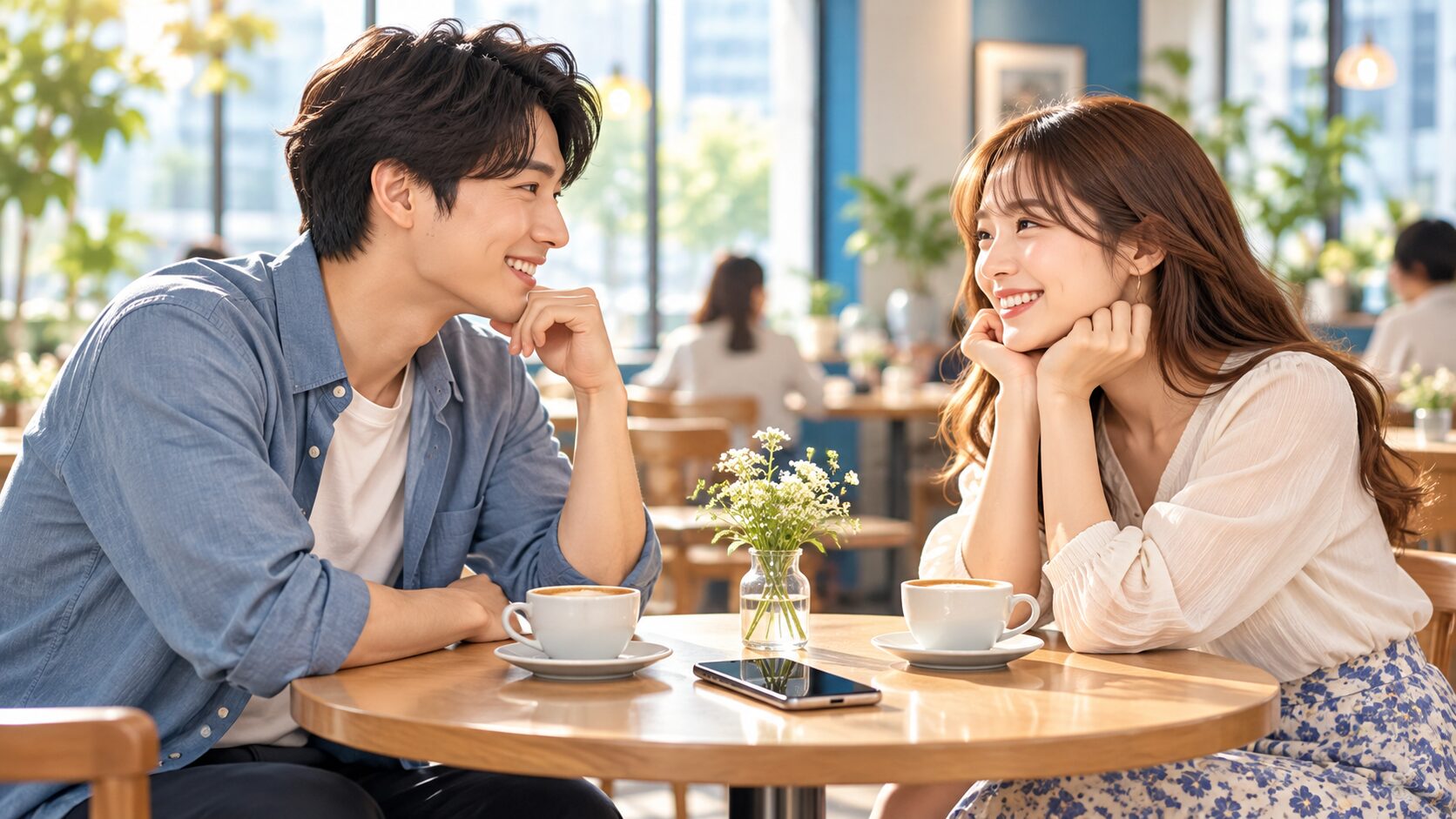 明るいカフェでコーヒーを飲みながら会話する初デートの男女