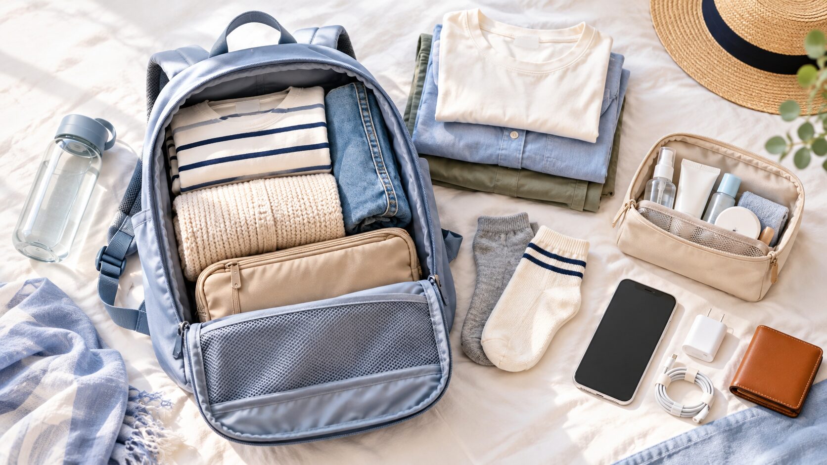 1泊2日の旅行に持っていく衣類や洗面用品をリュックの周りに並べた様子